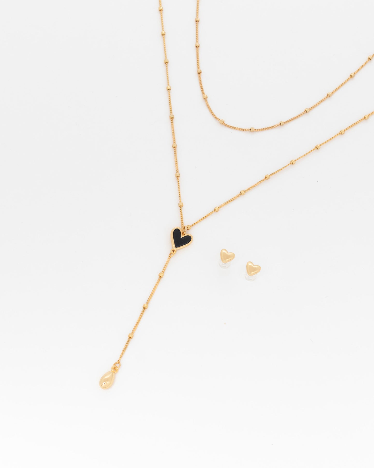 Set Collares Corazón Negro Gota + Aretes