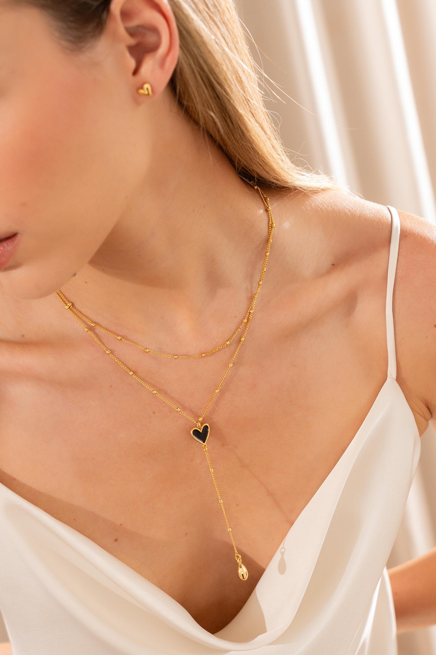 Set Collares Corazón Negro Gota + Aretes